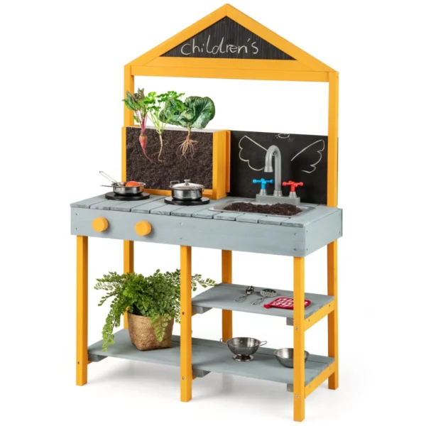 Buitenkeuken voor kinderen met plantenbak draaibare kraan en afneembare gootsteen 2 krijtborden kookgerei 2