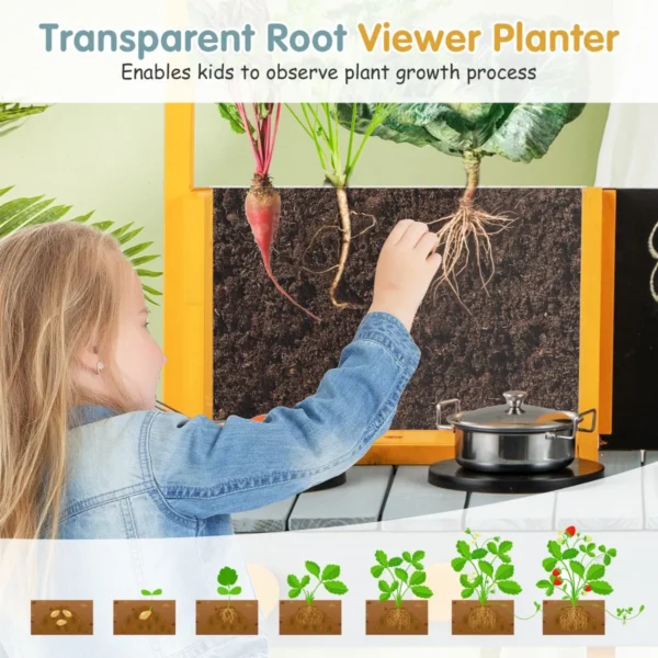 Buitenkeuken voor kinderen met plantenbak draaibare kraan en afneembare gootsteen 2 krijtborden kookgerei 6