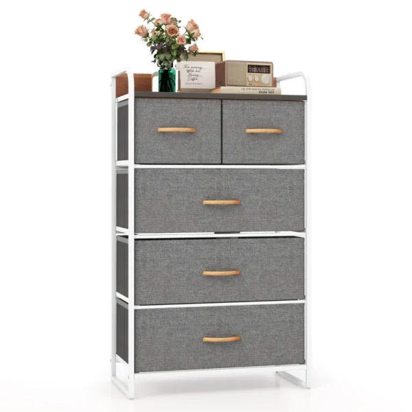 Commode Met 5 Laden Opbergkast Met Stoffen Vouwladen Massief Stalen Frame En Houten Blad Voor Hal Garderobe Slaapkamer