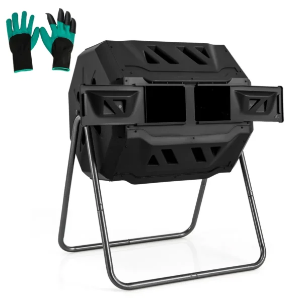 Composter 160L Dubbele Kamercompostspinner Met 2 Schuifdeuren Robuust Metalen Frame 360° Roterende Composter-Zwart