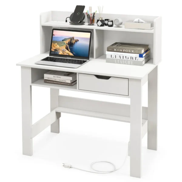 Computerbureau Met Stopcontacten En USB- & Type-C-Poorten Bureau Met Opbergruimte Open Schap & Lade -Wit