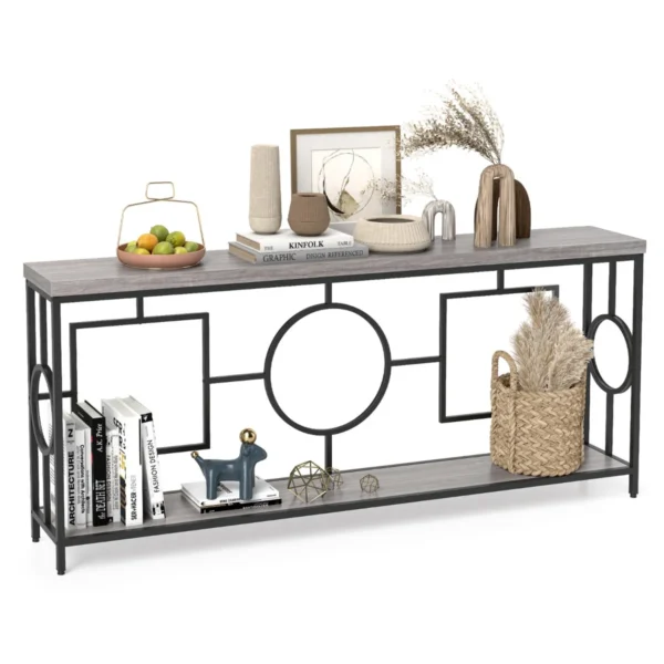 Consoletafel Met 2 Niveaus Smalle Consoletafel Voor Hal Lange Sofatafel Met Stevig Metalen Frame Rustieke Bijzettafel Met Opbergplank
