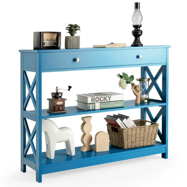 Consoletafel Met 3 Niveaus / Lade En 2 Planken Van Hout Bijzettafel Met X-Vormige Poten Voor Entree 100 X 30 X 80 Cm (Blauw)