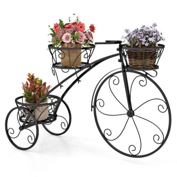 Driewielige Plantenstandaard 3-Laags Metalen Bloempothouder Met 3 Uitsparingen En Elegante Wielen Parijse Stijl Voor Patio-Zwart