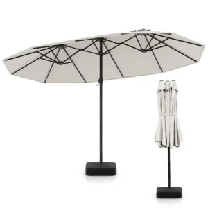 Dubbele Terrasparasol Grote Parasol Voor Buiten 12 Metalen Baleinen Stabiele Basis 2 Gewichtszakken Geventileerde Bovenkant Zwengel-Beige