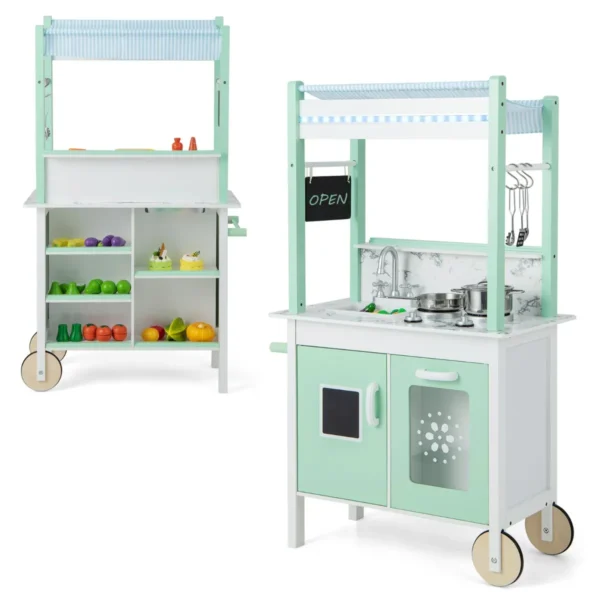 Dubbelzijdige Kinderkeuken Met 17 Accessoires & LED-Lampjes Houten Kinderkeukenset Met Afstandsbediening & Afneembare Gootsteen