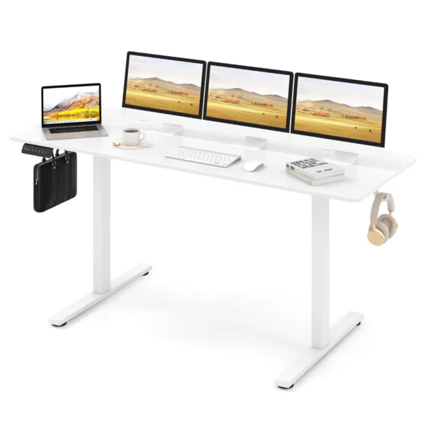 Elektrisch Sta-Bureau 160 X 60 Cm 3 Geheugenhoogtes In Hoogte Verstelbaar Bureau 2 Haken Kabelgaten Anti-Collision Ontwerp Wit