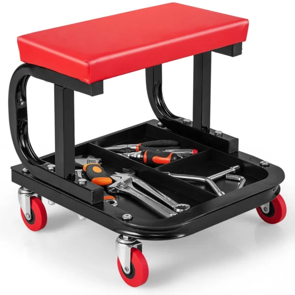 Garage Rolling Stool Met Opbergbakje Gevoerde Monteursstoel Met 4 Universele Wielen Dienstwagen Laadvermogen 150 KG 38 X 37 X 36 Cm