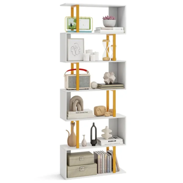 Geometrische Boekenkast 6 Etages 189 Cm 'S'-Vormige Plank Metalen Frame Moderne Vrijstaande Decoratieve Opbergplank Anti-Kantel Sets