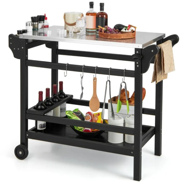 Grillwagen Van HDPE Voor Buiten Grilltafel Voor Barbecue Met Handvat En Wielen Roestvrij Stalen Dienblad Kruidenrek Flessenhouder