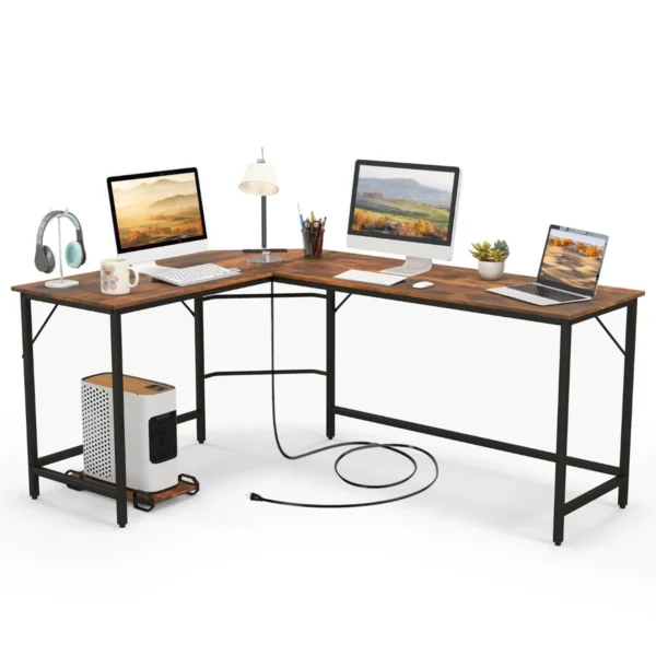 Hoekbureau Met Stopcontact 168 Cm Bureau Met CPU-Houder Stevig Metalen Frame Studiebureau Ruimtebesparende Computertafel-Bruin