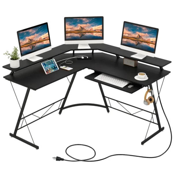 Hoekbureau Met Stopcontact En USB-Oplaadpoort L-Vormig Bureau Computertafel Met Monitorstandaard Toetsenbordvak Zwart