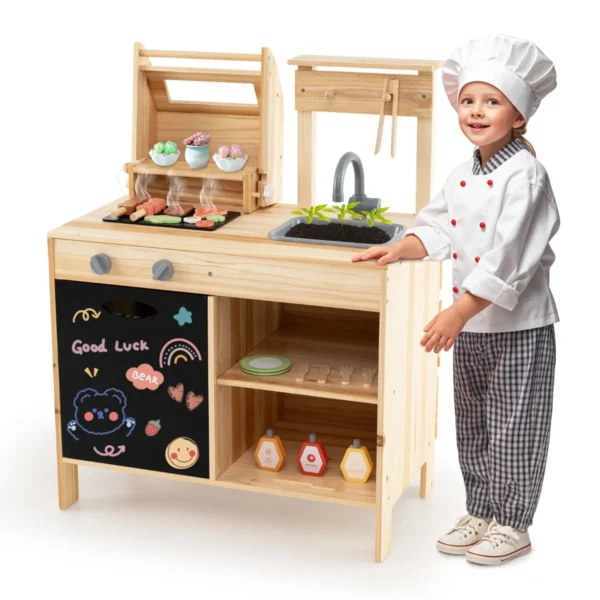 Houten Barbecue Voor Kinderen 3+ Speelkeukenset Met Speeleten Keukengerei En Grillaccessoires Barbecueset Met Schoolbord Natuurlijk