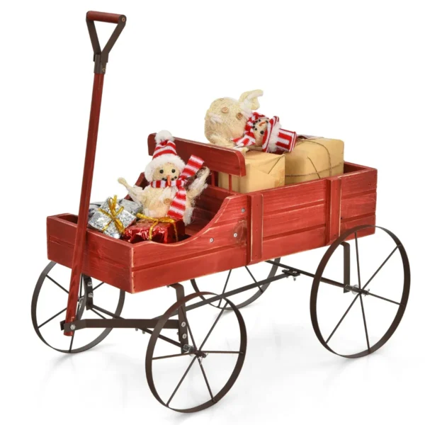 Houten Bolderkar Bloem/Plantenbak Decoratieve Pot Standaard Met Wielen En 2 Planten Secties Buiten Tonnetje Planter Rood
