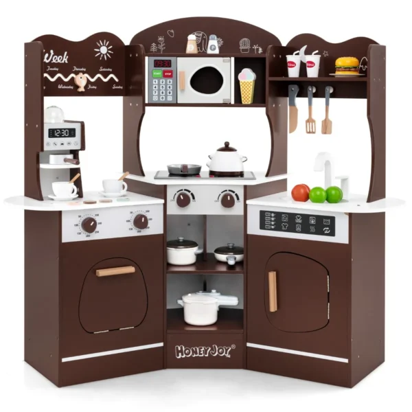 Houten Hoek Speelkeuken Keukenset Voor Peuters Licht En Geluid Koffiezetapparaat Magnetron Oven Wasmachine Accessoires-bruin
