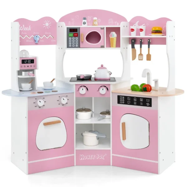 Houten Hoek Speelkeuken Keukenset Voor Peuters Licht En Geluid Koffiezetapparaat Magnetron Oven Wasmachine Accessoires-Roze