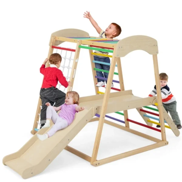 Houten Klimdriehoek Voor Kinderen Met Glijbaan & Bufferzone Klimrek Voor Binnen Met Net & Klimladder Voor Peuters Van 1+