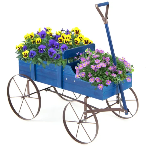 Houten Plantenbak Decoratieve Bloembak Met Wielen En 2 Secties Buitenplantenbak Voor Tuin En Terras-Blauw