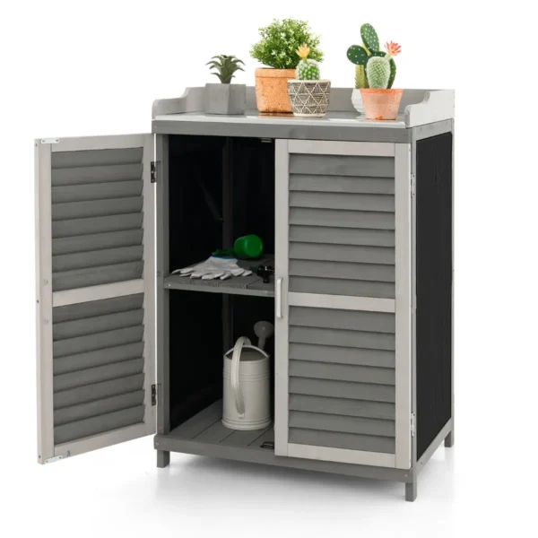 Houten Tuinman Tafel Opberg Kast Met Metalen Gecoat Tafelblad 2 Opbergplanken Waterdichte Gereedschapsschuur Voor Tuin/Terra