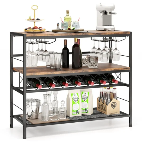 Huisbar Kast Met 4 Rijen Glashouder En Wijnrek Voor 7 Wijnflessen Keukenrek 4 Niveaus Metalen Frame Voor Keuken Woonkamer Bruin