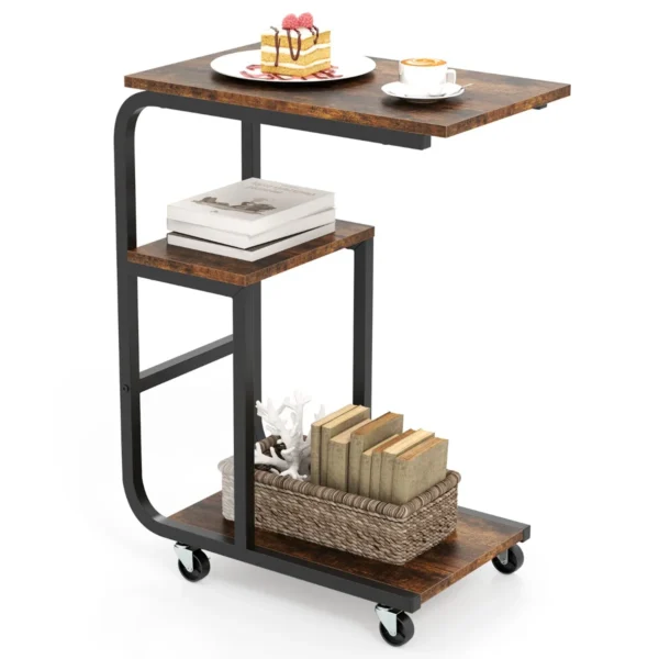 Industriële c vormige bijzettafel ruimtebesparende salontafel metalen frame vergrendelbare wielen rustiek bruin 1 1