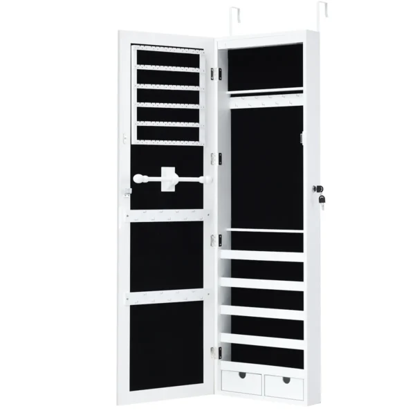 Juwelenkast Met 15 LED-Verlichting Afsluitbare Hangende Spiegel Juwelendoos Met Passpiegel 37 X 9,6 X 120 Cm Wit