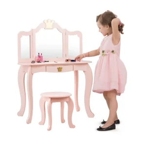 Kaptafel En Kruk Voor Kinderen Met Inklapbare Spiegel En Lade Houten Kaptafelset Met 3 Accessoires & Schattige Kroonpatronen Roze