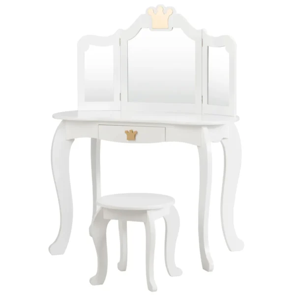 Kaptafel En Kruk Voor Kinderen Met Inklapbare Spiegel En Lade Houten Kaptafelset Met 3 Accessoires & Schattige Kroonpatronen Wit