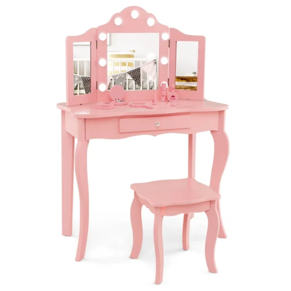 Kaptafel En Krukje Voor Kinderen Met Afneembare Driewegspiegel & LED-Lampjes Make-Uptafel Voor Prinsessen Met Lade Bureau Voor Kinderen