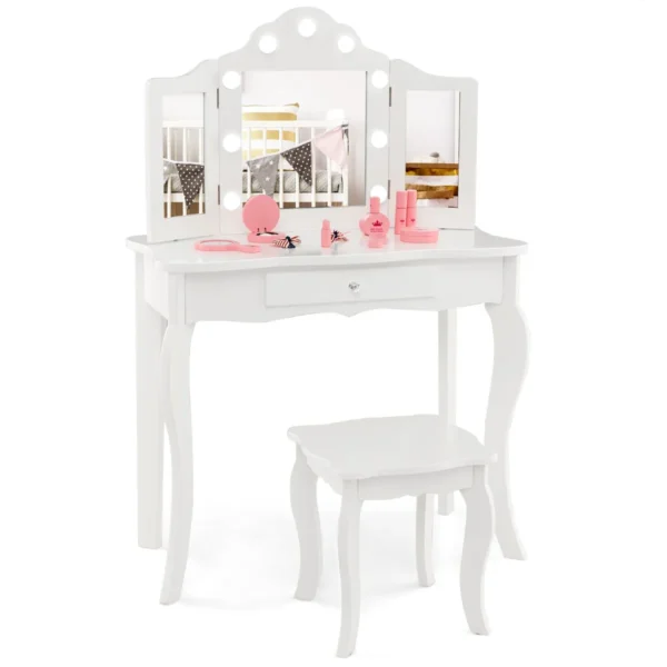 Kaptafel En Krukje Voor Kinderen Met Afneembare Driewegspiegel & LED-Lampjes Make-Uptafel Voor Prinsessen Met Lade Wit