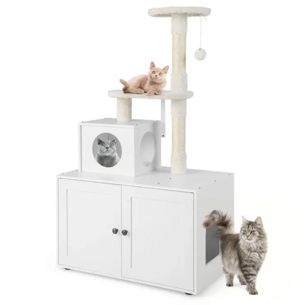 Kattenbak Met Kattenboom Houten Kattenhuis Met Sisal Krabpaal Rinkelbal Verborgen Kattenkastmeubel Met Tussenschot