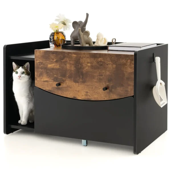 Kattenbak Met Uittrekbare Lade Op Wieltjes Klapdeur Binnenkastje Aan De Zijkant Nachtkastje Verborgen Kattentoilet Zwart + Bruin