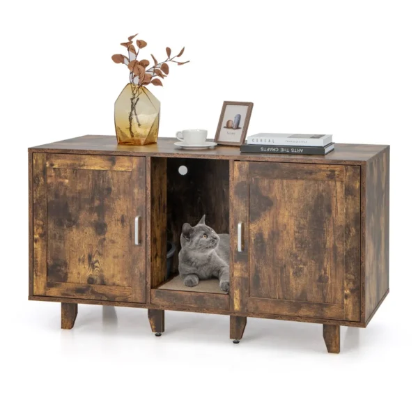 Kattenbakkast Verborgen Kattentoilet 2 Deuren Gebogen Ingang Krabplank Verwijderbare Houten Poten TV-Kast Voor Kattenbakvulling Bruin
