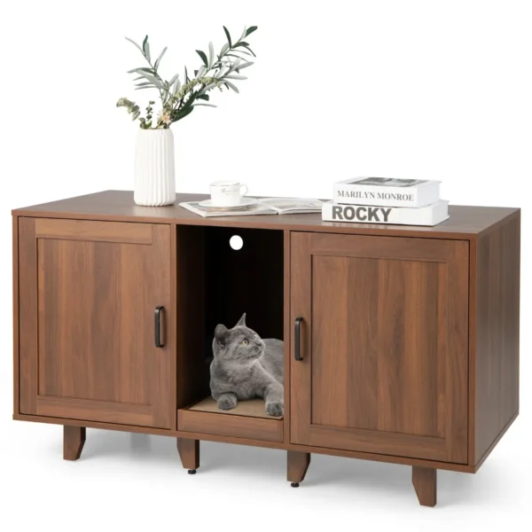 Kattenbakkast Verborgen Kattentoilet 2 Deuren Gebogen Ingang Krabplank Verwijderbare Houten Poten TV-Kast Voor Kattenbakvulling Koffie
