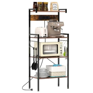 Keukenbakrek met uitstroomopeningen magnetronstandaard met 4 lagen en 8 s vormige haken koffiebarstation voor eetkamer bruin 1