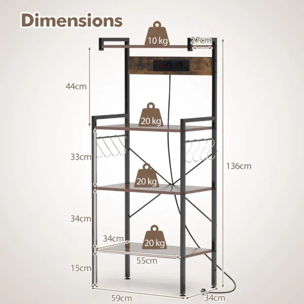 Keukenbakrek met uitstroomopeningen magnetronstandaard met 4 lagen en 8 s vormige haken koffiebarstation voor eetkamer bruin 3