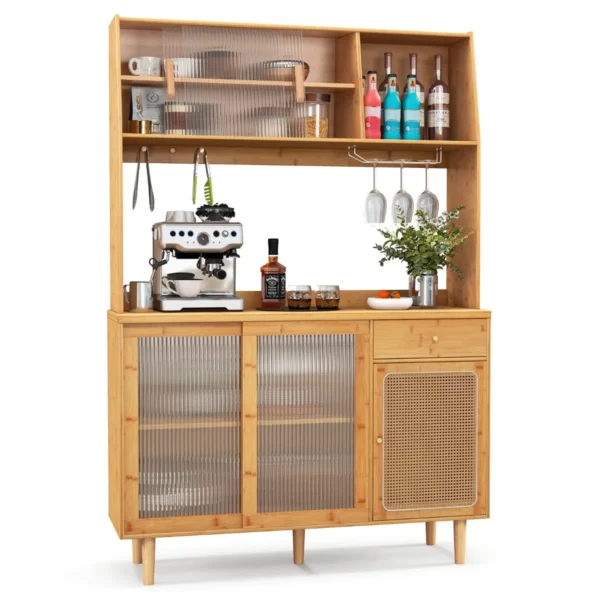 Keukenbuffet Met Schuifdeur & Rotan Deur & Haak & Glashouder & Lade Buffetkast Keukenkast Bamboe Landelijke Stijl Natuur
