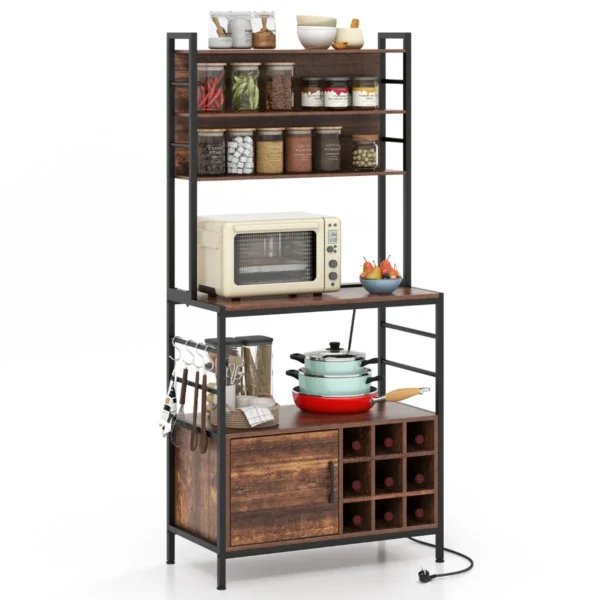 Keukenplank Met Stopcontacten Koffiebarkast Met Haken Wijnrek Stevig Metalen Frame Magnetronstandaard-Bruin