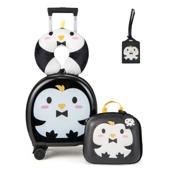 Kinderbagageset 4-Delige Kofferset Met Handbagage Rugzak Nekkussen Bagagelabel Cadeau Zwart