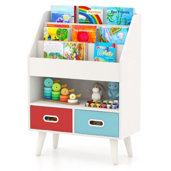 Kinderboekenkast 3-Laags Houten Kinderboekenplank 2 Opvouwbare Stoffen Lades Speelgoedopslag Voor Speelkamer Slaapkamer-Wit