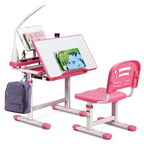 Kinderen Bureau En Stoel Set In Hoogte Verstelbare Studie Tafel En Stoel Met Oog-bescherming Lamp Gekanteld Bureaublad Roze
