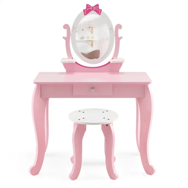 Kinderkaptafel - 360° Draaibare Spiegel Krukje 1 Lade En 2 Opbergplanken Voor Kinderen Van 3 - 7 Jaar Roze