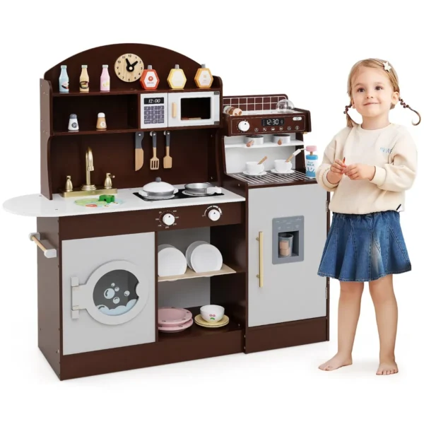 Kinderkeukenset Houten Keuken Met Klok Magnetron Gootsteen Afdruiprek Wasmachine Ijs- En Koffiezetapparaat Keukenspeelgoed-Bruin