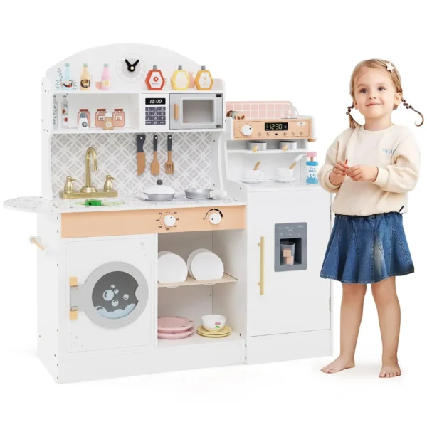 Kinderkeukenset Houten Keuken Met Klok Magnetron Gootsteen Afdruiprek Wasmachine Ijs- En Koffiezetapparaat Keukenspeelgoed-Wit