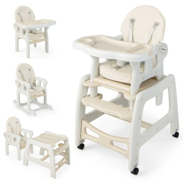 Kinderstoel Met 3 Niveaus 4 Afneembare Universele Wielen Verstelbaar Dienblad 20KG 6-36 Maanden Beige