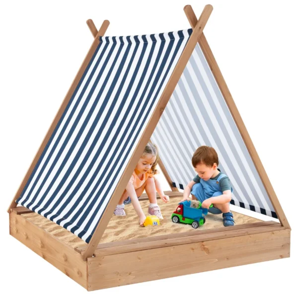 Kinderzandbak Met Deksel Houten Zandbak 123 X 120 Cm Met 2 Banken Blauwe En Witte Strepen Buitencabana-Zandbak