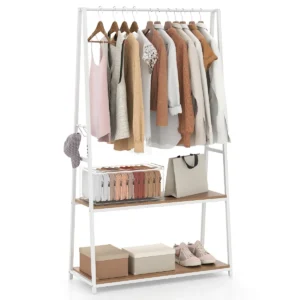Kledingrek Met 2 Planken Vrijstaand Kledingrek Met Stevig Metalen Frame Draagbare Kledingstang Industriële Stijl Kapstok En Sjaalrek-Naturel