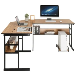 L-Vormig Bureau Hoekbureau Van Hout Met Kantelbaar Tafelblad Onderste Boekenkast En CPU-Standaard Tekentafel Licht Walnoot