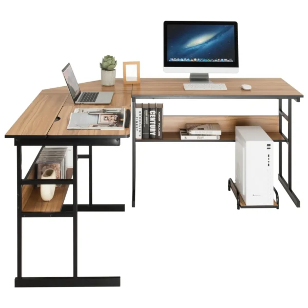 L-Vormig Bureau Hoekbureau Van Hout Met Kantelbaar Tafelblad Onderste Boekenkast En CPU-Standaard Tekentafel Licht Walnoot