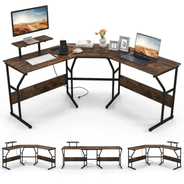 L-Vormig Bureau Met Stopcontacten Hoekbureau Met Verwijderbare Schermsteun 225 Cm Lange Computerwerkplek Voor 2 Personen-Bruin
